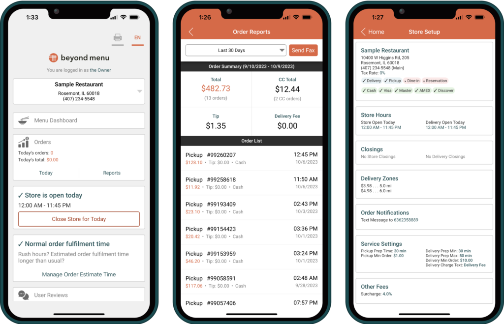 Restaurant owner's view in Beyond Menu Owner app with dashboard, orders, and setup screens