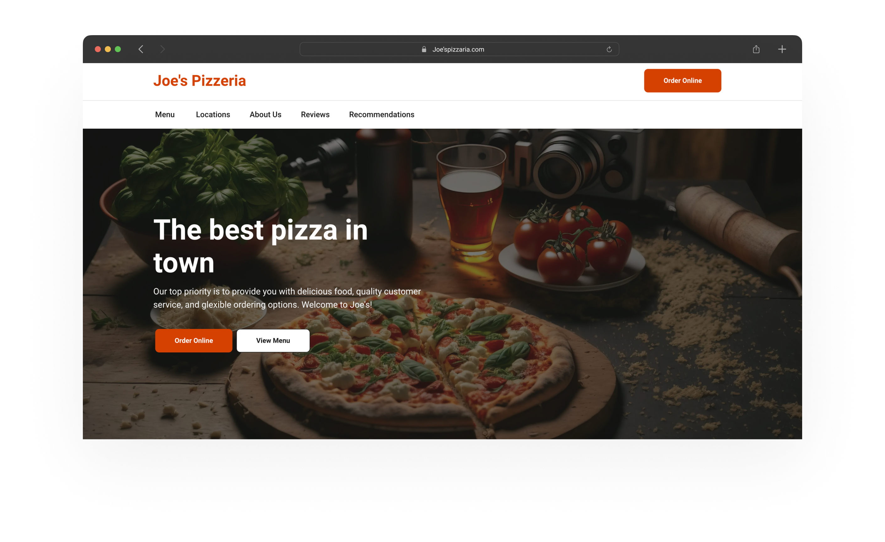 Joe's Pizzeria website homepage showcasing a fresh pizza with a call to order online