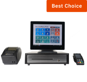 Complete POS setup with monitor, receipt printer, and payment terminal labeled 'Best Choice'