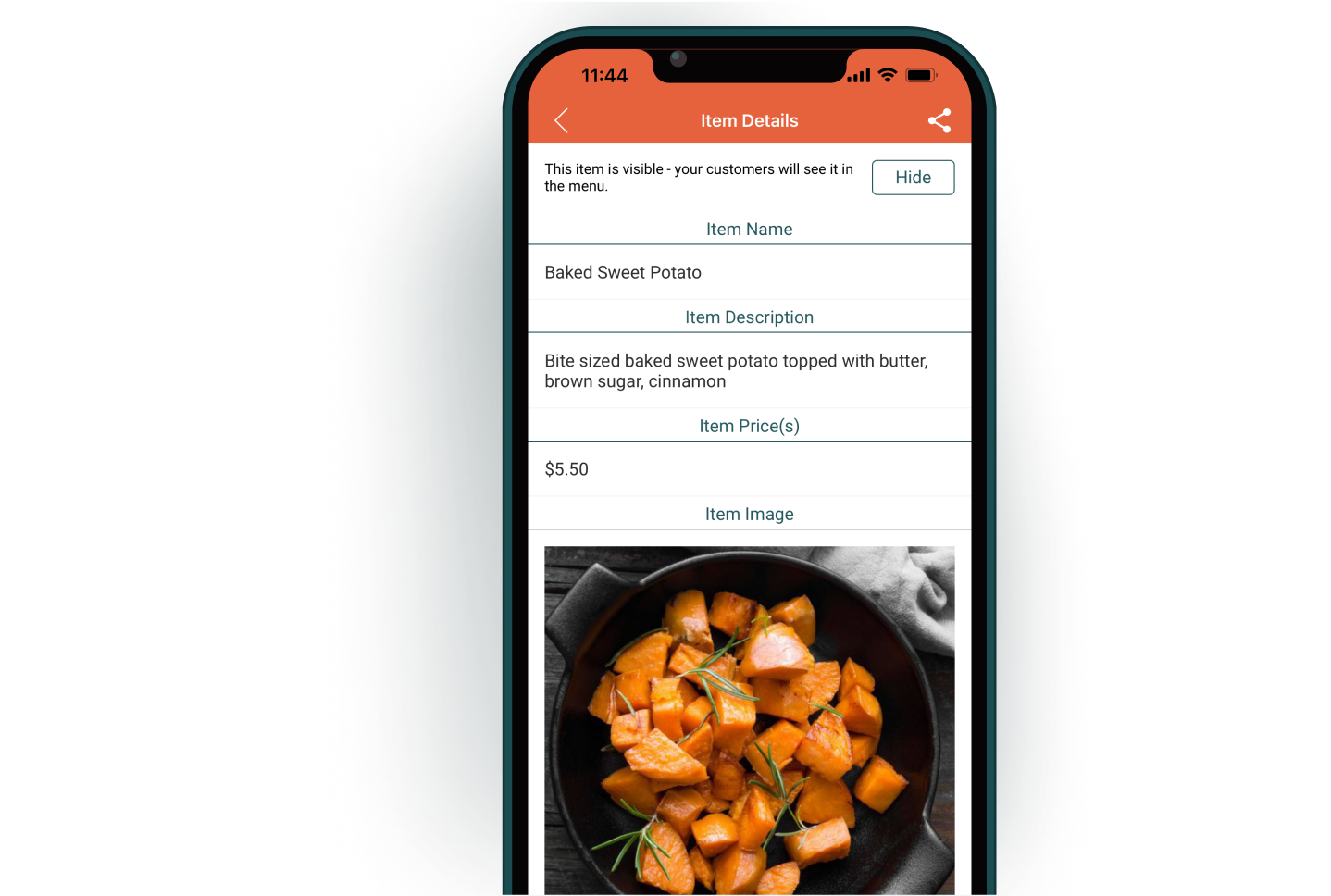 Mobile screen showing 'Baked Sweet Potato' menu item details with image and price in Beyond Menu owner app