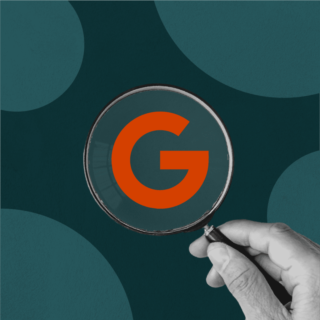 Illustration of a magnifying glass highlighting the Google logo, representing how restaurants get found on Google through local SEO